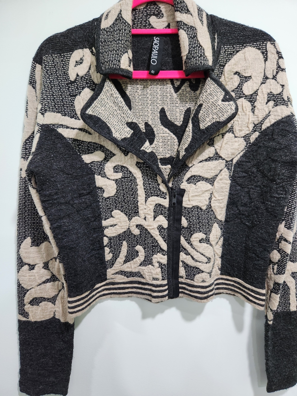 Saopaulo Black & Cream Floral-Pattern Zip Jacket Vintage